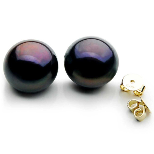 FE008 (AA+ 11mm Black Freshwater Cultured Pearl Earrings 18K Gold) Pearl Earrings Pacific Pearls