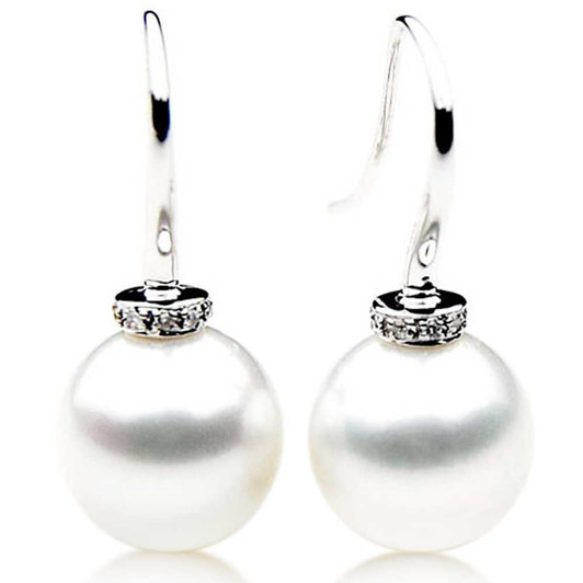 SE086a (AAA 13mm Australian South Sea Pearl Earrings Diamonds 18k White Gold) Pearl Earrings Pacific Pearls