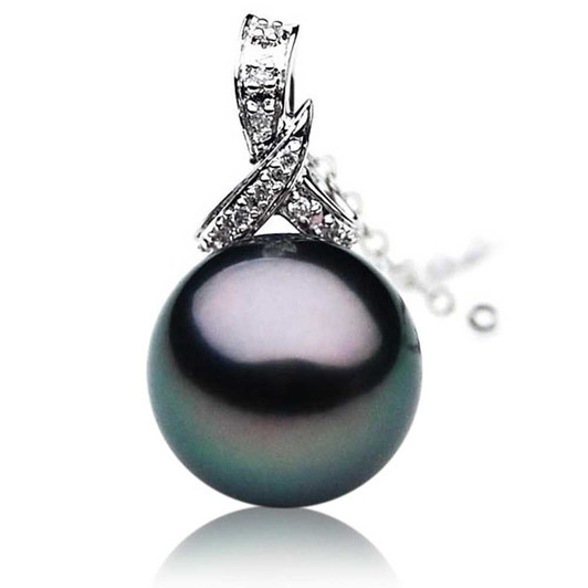 TP009 (AAA 11mm Tahitian Black pearl Pendant and Diamonds in 18k White Gold) Pearl Pendants Pacific Pearls