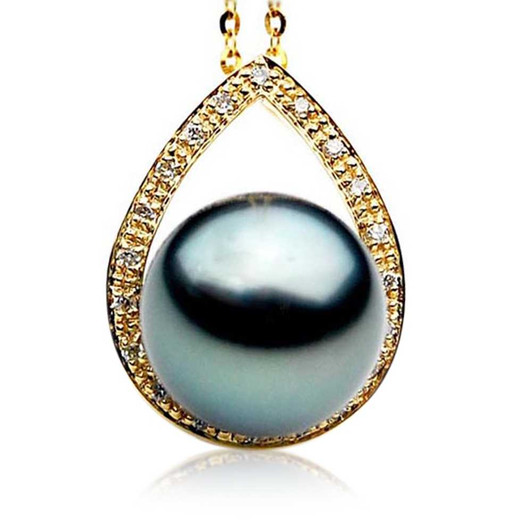 TP040 (AAA 12mm Tahitian Black Pearl Pendant And Diamonds In Heavy 18k Gold) Pearl Pendants Pacific Pearls