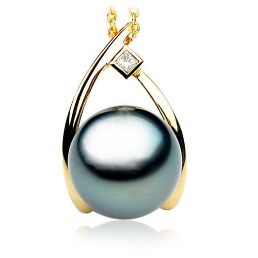 TP042 (AAA 12mm Tahitian Black Pearl Pendant In Heavy 18k Gold With A Princess Cut 0.05ct Diamond) Pearl Pendants Pacific Pearls