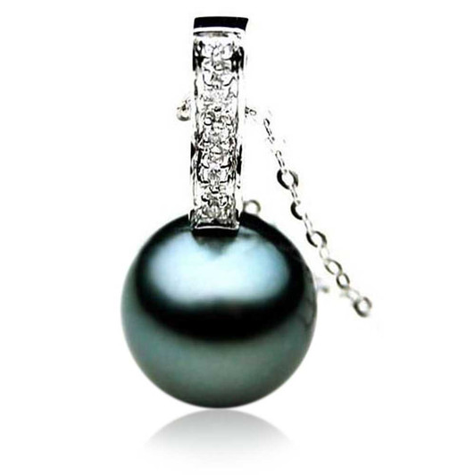 TP061 (AAA 13mm Tahitian Black pearl Pendant and Diamonds in Heavy 18k White Gold) Pearl Pendants Pacific Pearls