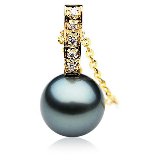 TP062 (AAA 13mm Tahitian Black pearl Pendant and Diamonds in 18k Gold) Pearl Pendants Pacific Pearls
