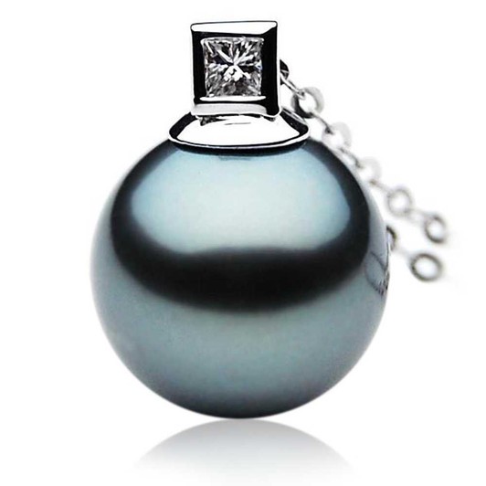 TP063 (AAA 13mm Tahitian Black Pearl Pendant In 18 K White Gold And A Princess Cut Diamond ) Pearl Pendants Pacific Pearls