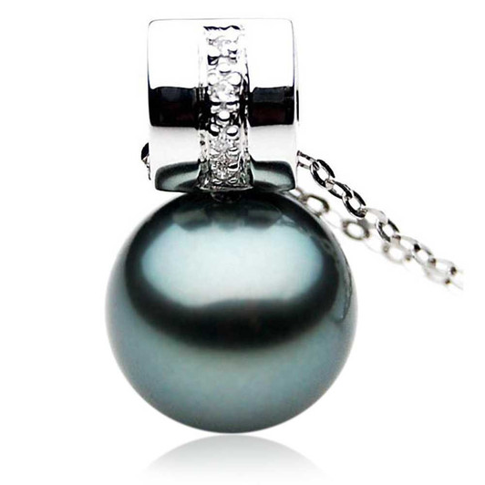 TP065 (AAA 13mm Tahitian Black pearl Pendant and Diamonds in Heavy 18k White Gold) Pearl Pendants Pacific Pearls