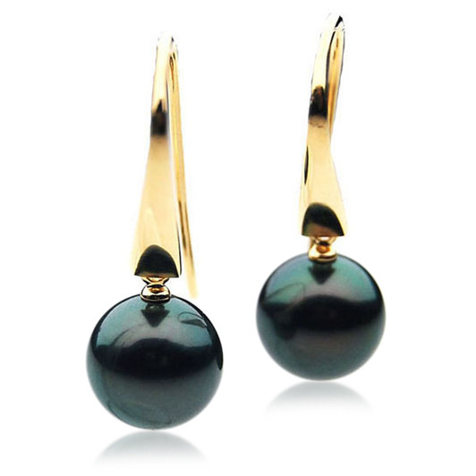 TE080 (AAA 13mm Tahitian Black Pearl Earrings In Heavy  18k Gold )