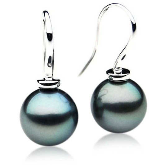 TE083 (AAA 13mm Tahitian Black Pearl Earrings In Very Heavy 18k White Gold ) Pearl Earrings Pacific Pearls