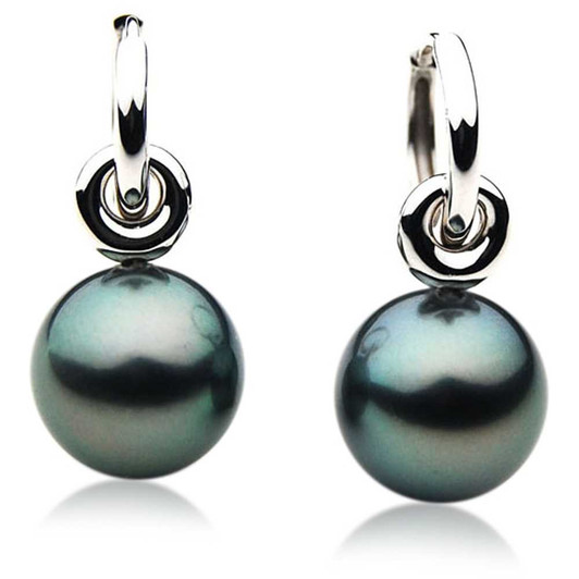 TE085 (AAA 13mm Tahitian Black Pearl Earrings In Heavy 18k White Gold ) Pearl Earrings Pacific Pearls
