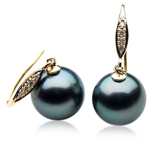 TE090 (AAA 13mm Tahitian Black Pearl Earrings Diamonds 18k Gold ) Pearl Earrings Pacific Pearls