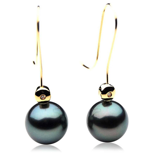 TE092 (AAA 13mm Tahitian Black Pearl Diamond Earrings 18k Gold Extra Long Earrings Hooks ). Pearl Earrings Pacific Pearls