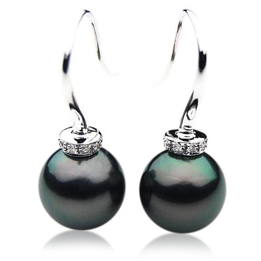 TE093 (AAA 13mm Tahitian Black Pearl Diamond Earrings Heavy 18k White Gold )