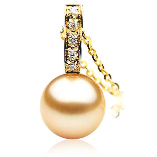 GP060 (AAA 13mm Australian Golden South Sea Pearl Pendant In Heavy 18k Gold Diamonds) Pearl Pendants Pacific Pearls