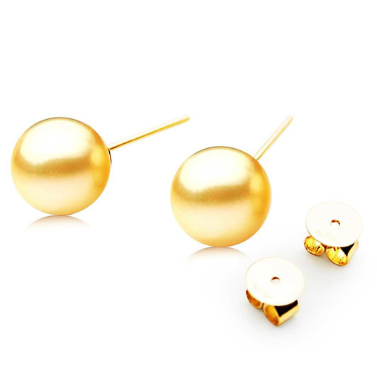 GES02 (AAA 10mm Australian Golden South Sea Pearl Earrings Yellow Gold) Pearl Earrings Pacific Pearls