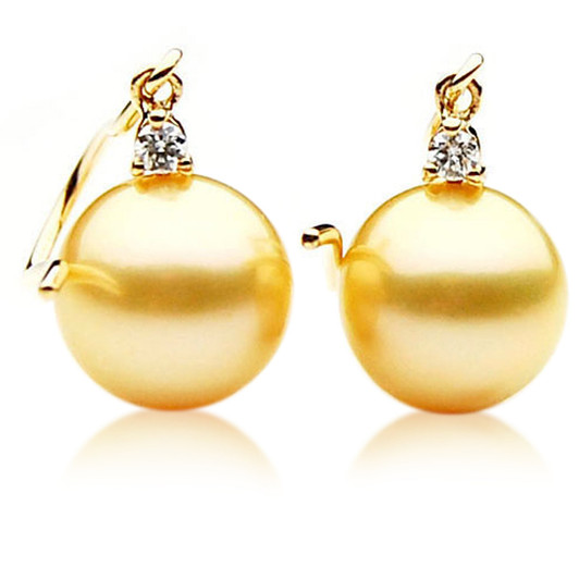 GE024 (AAA 11mm Australian Golden South Sea Pearl Earrings and Diamond )