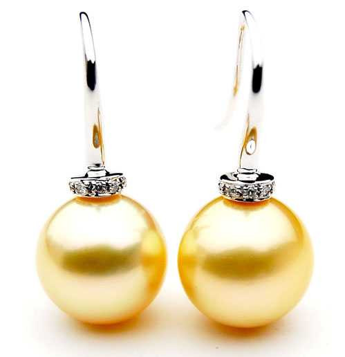 GE085 (AAA 13mm Australian Golden South Sea Pearl Earrings and Diamond ) Pearl Earrings Pacific Pearls