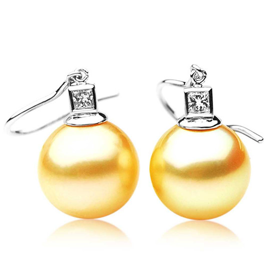 GE087 (AAA 13mm Australian Golden South Sea Pearl Earrings and Diamond) Pearl Earrings Pacific Pearls