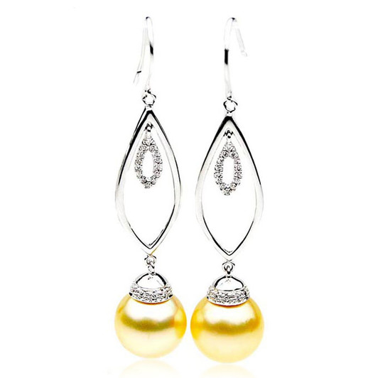GE093 (AAA 13mm Australian Golden South Sea Pearl Earrings and Diamond )