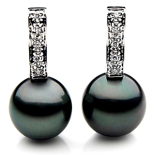 TE054a (AAA 12mm Tahitian Black Pearl Earrings Diamonds Heavy 18k White Gold ) Pearl Earrings Pacific Pearls