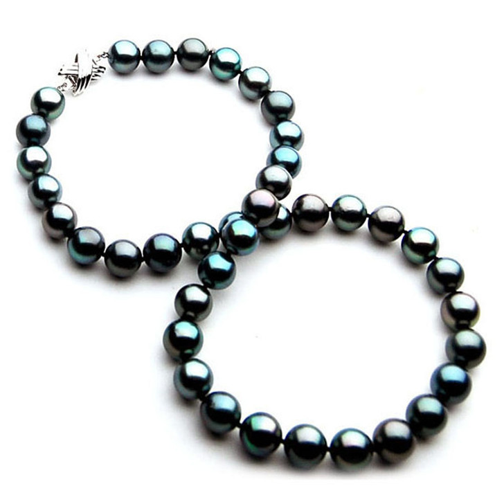 TN015 (AAA 10-12 mm Tahitian Black  Pearl Necklace 14k White gold clasp )