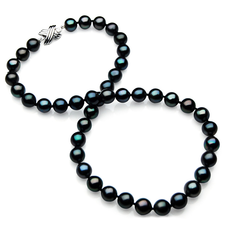 TN027 (AA 9-11mm Tahitian Black  Pearl Necklace 14k White gold clasp)