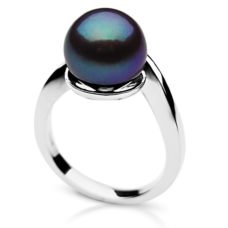 FR012 (AAA 10-11mm Black Freshwater Cultured Pearl Ring set in Silver)