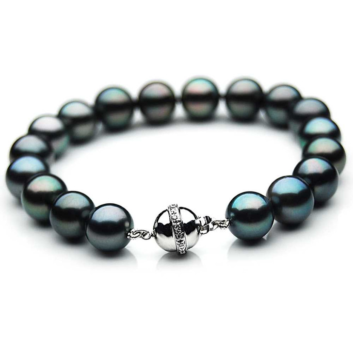 TB013 (AAA 10-12 mm Tahitian Black Pearl Bracelet W gold Diamond clasp 18cm ) Pearl Bracelets Pacific Pearls