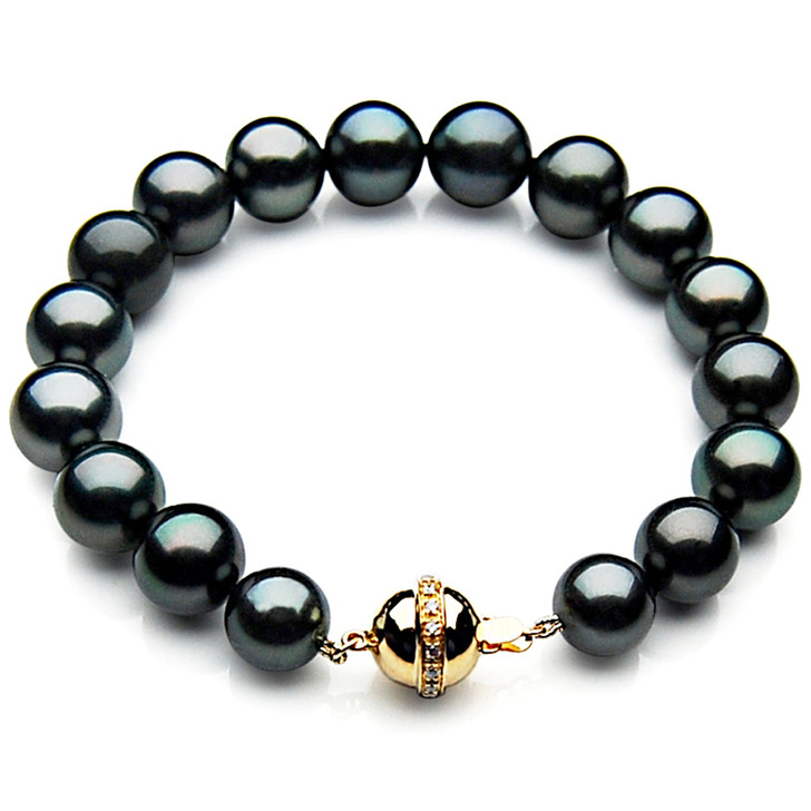TB014 (AAA 10-12 mm Tahitian Black Pearl Bracelet  Diamond clasp 18cm )