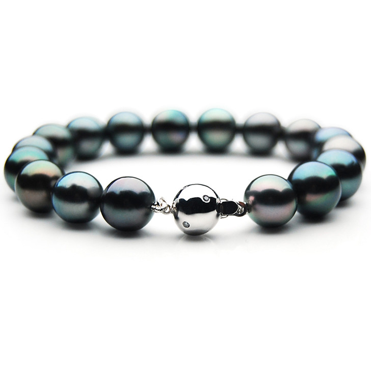 TB031 (AAA 11-13 mm Tahitian Black Pearl Bracelet  W gold Diamond clasp 21cm )