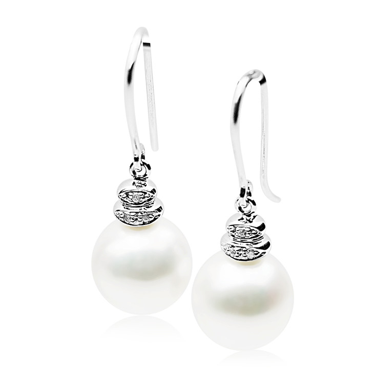 FE033 (AAA 11mm White Freshwater Cultured Pearl Earrings White Gold And Diamonds)