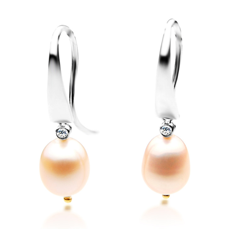 FEG10 (Drop 10x8 mm AAA Pink Freshwater Cultured Pearl Earrings Set in Silver With 18k (750) Yellow Gold)