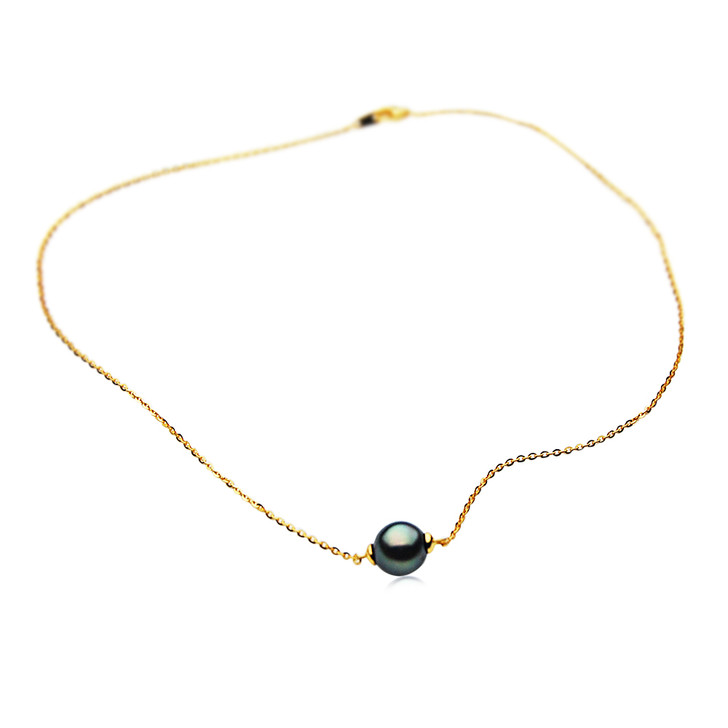 TN2 (AAA 10mm Tahitian Black  Pearl Necklace 18k Yellow Gold Plated on Italy Silver Chain )