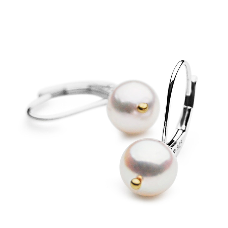 AE03P ( AAA 7.5-8 mm White Japanese Akoya Saltwater Pearl  Earrings Hoops in Silver with 18K Gold Points )