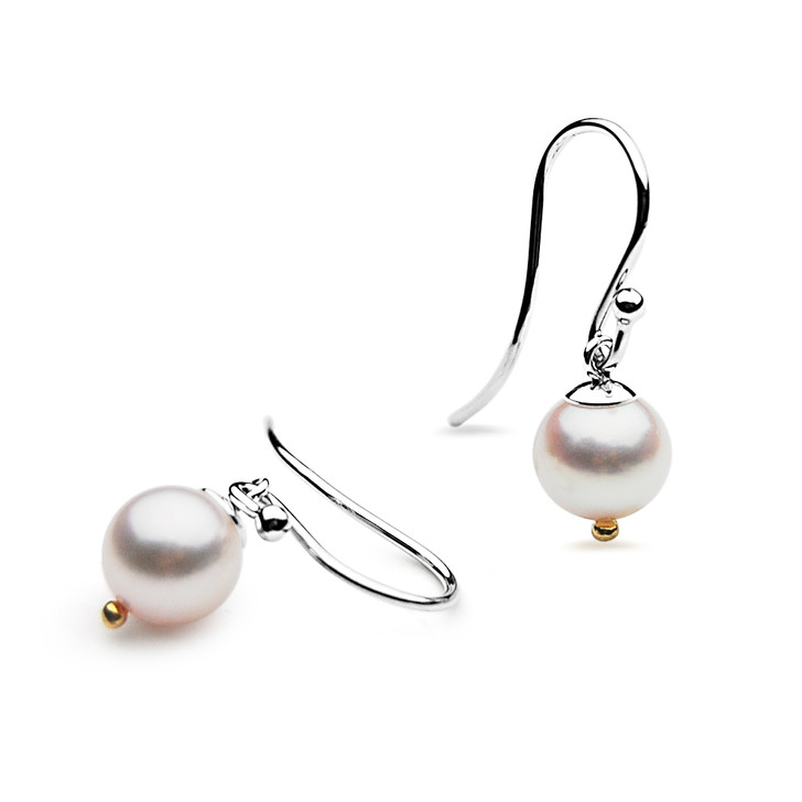 AE04P ( AAA 7.5-8 mm White Japanese Akoya Saltwater Pearl  Earrings Hooks in Silver with 18K Gold Points )