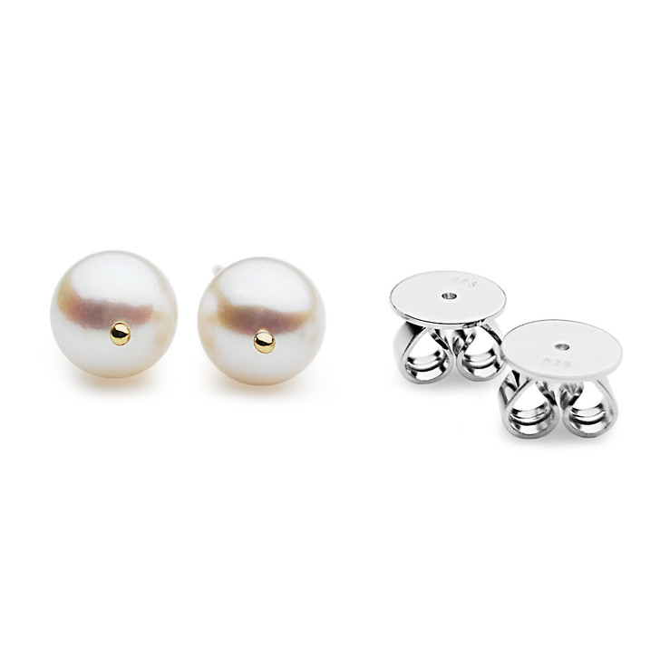 AE11P (AAA 8.5-9mm White Japanese Akoya Saltwater Pearl Earrings in Silver with 18K Yellow Gold Points ) 