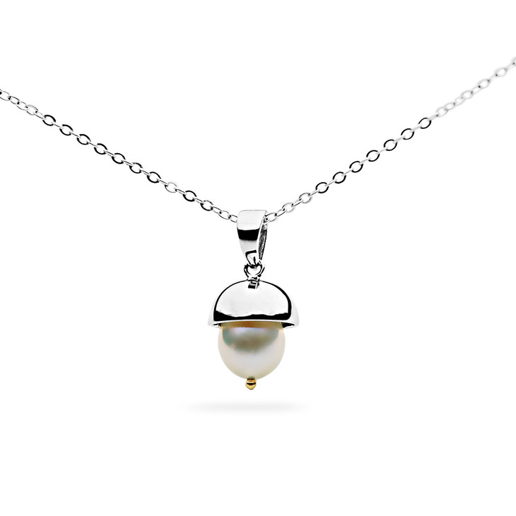 FP16C (AAA 11x10mm Drop White Freshwater Cultured Pearl Pendant in Large Silver and 18K White Gold Points)