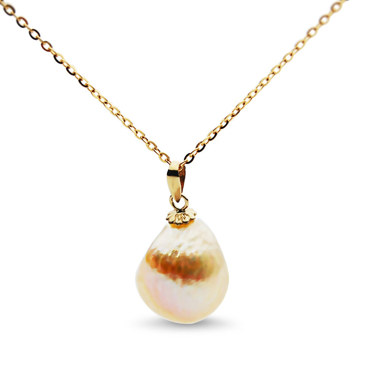 FP20C (15x13mm Pink Freshwater Cultured Pearl Pendant in 18K Yellow Gold with free display chain )