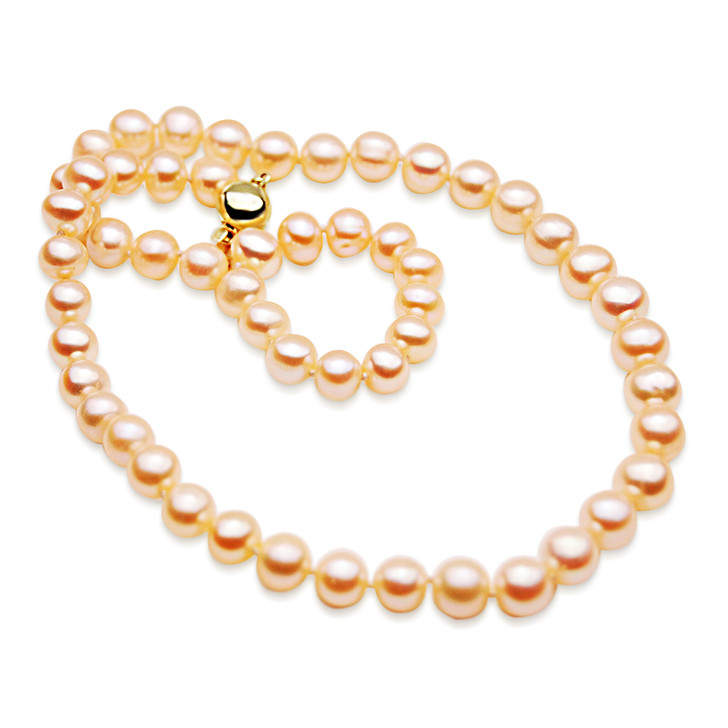 FN034 (AA+ 7.5 mm Pink Freshwater Cultured Pearl Necklace 14k Yellow Gold Clasp, 18" long )