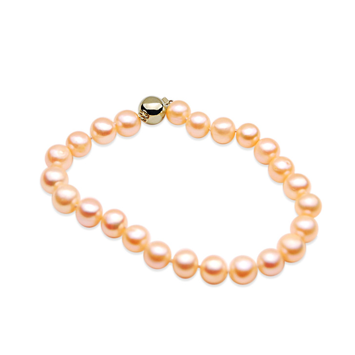 FB020 (AA+ 7-7.5 mm Pink Freshwater Pearl Bracelet 14k Yellow gold clasp, 8" long )