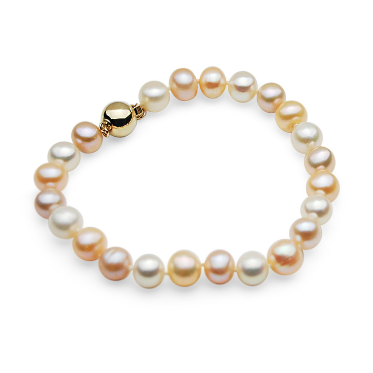 FB022 (AA+ 6-7 mm Multicolor Freshwater Pearl Bracelet 14k Yellow gold clasp, 8" long )