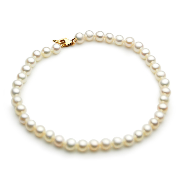 FB025 (AAA 5 mm White Freshwater Pearl Bracelet 9k Yellow gold clasp, 8" long )