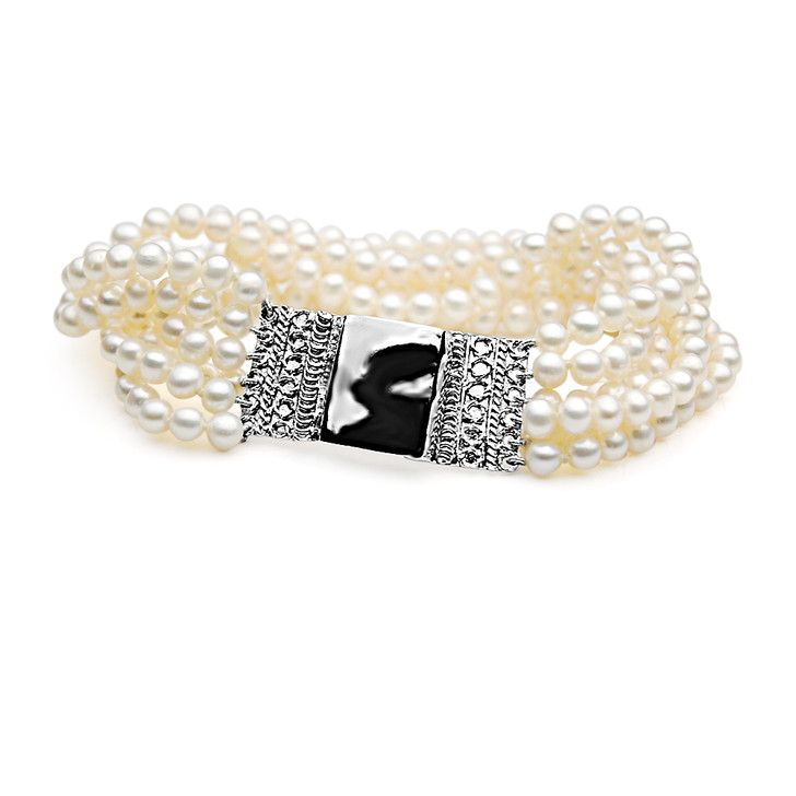 FB019-A (AAA 5 mm Multi-Strand White Freshwater Pearl Bracelet with Heavy Silver Clasp and  Pendant Charm )