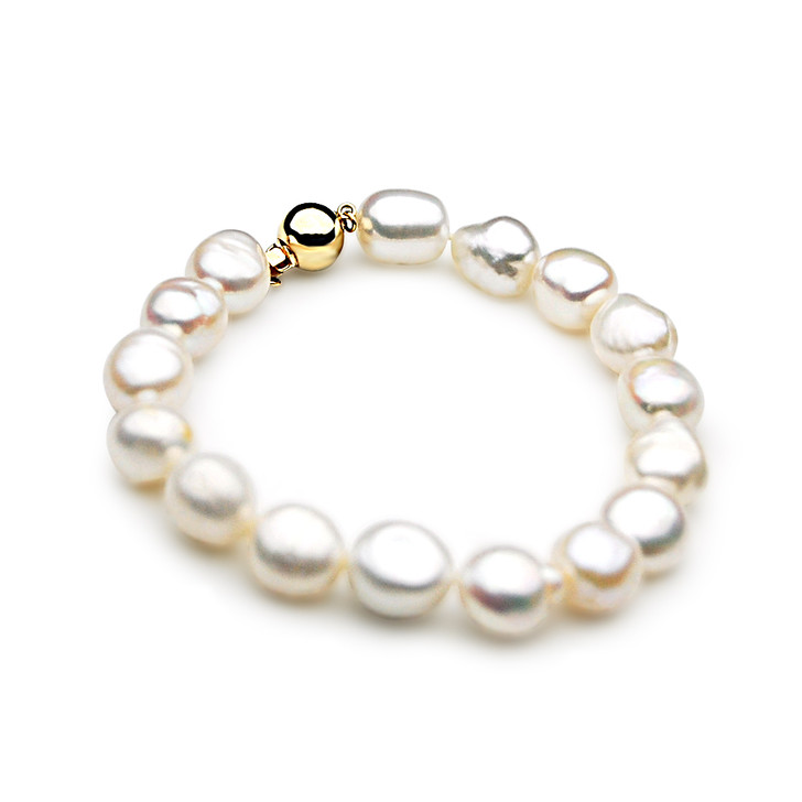 FB035 (A 11 mm Baroque White Freshwater Pearl Bracelet  Yellow gold clasp, 8.8" long )