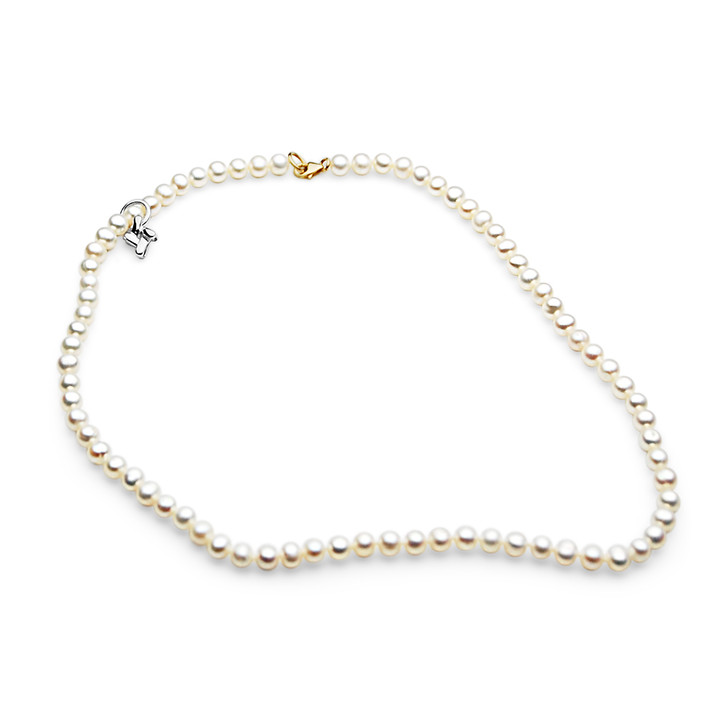 FN048 ( 5mm White Freshwater Cultured Pearl Necklace With Yellow Gold Clasp with Pendant Charm, 16" long )