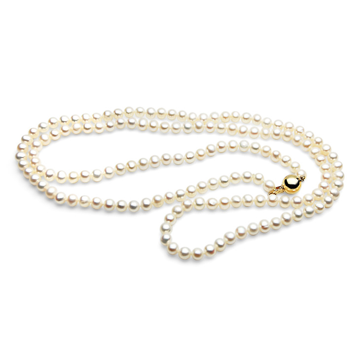 FN054 ( 5mm White Freshwater Cultured Pearl Necklace With Yellow Gold Clasp, 33" long )