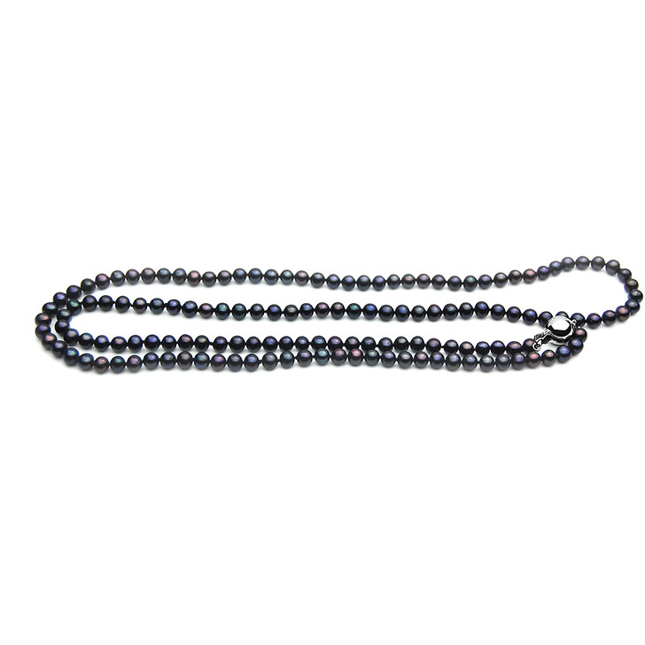 FN055 ( 5mm Black Freshwater Cultured Pearl Necklace With White Gold Clasp, 33" long )