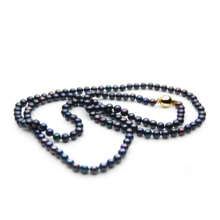 FN056 ( 5mm Black Freshwater Cultured Pearl Necklace With Yellow Gold Clasp, 33" long )