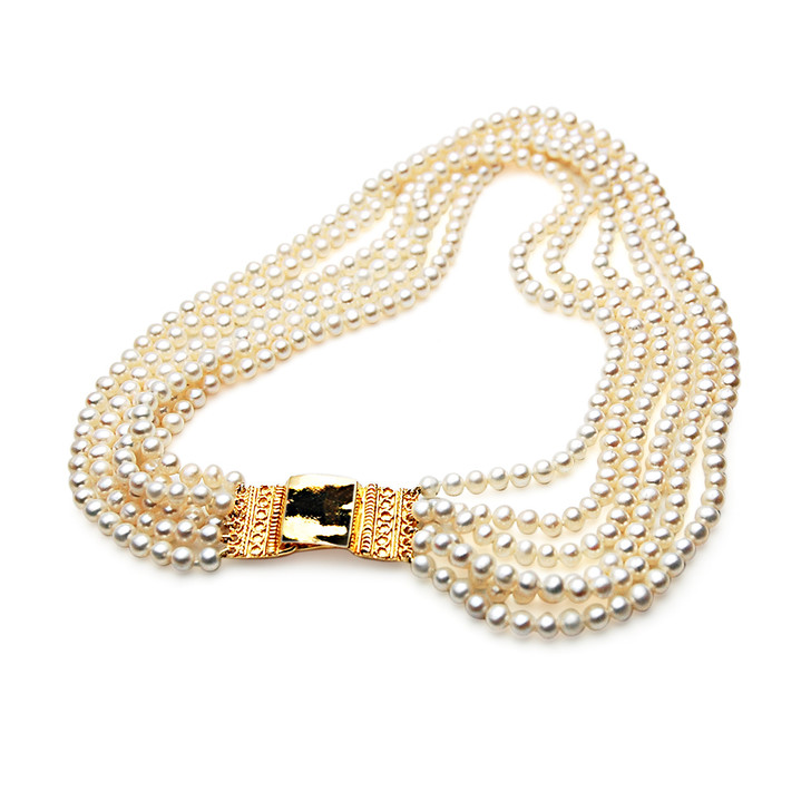 FN057 ( Multi-Strand 5mm White Freshwater Cultured Pearl Necklace With Heavy Silver Clasp )