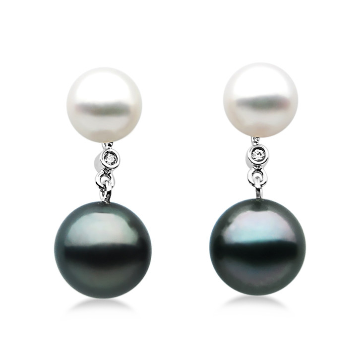 AE1JT ( AAA 8 mm White Japanese Akoya Saltwater Pearl & 11mm Tahitian Black Pearl Earrings Set in 18k White Gold )