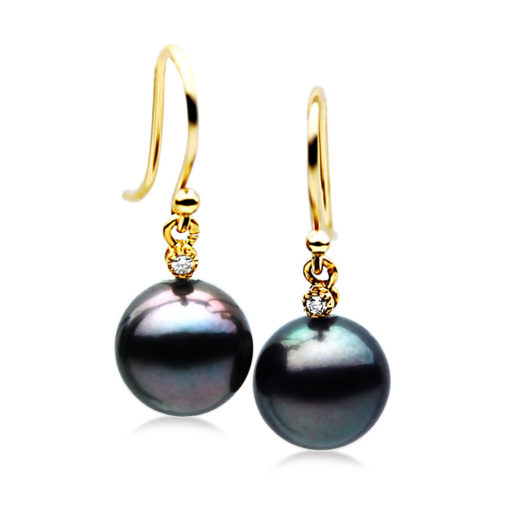 TE003P (AAA 10mm Tahitian Black Pearl Earrings Diamonds 18k Yellow Gold )