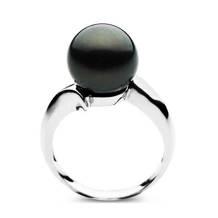TR001S ( Perfect Round AAA 11 mm Tahitian Black Pearl Ring in Silver )